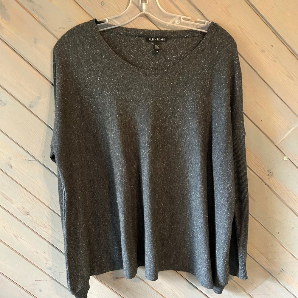 Eileen Fisher Gray‎ Speckled Wool Silk Blend Boxy Crew Neck Sweater SP oversized
